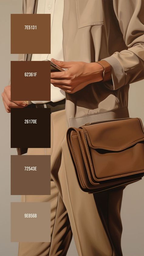 Colors:
7E5131 ° 62361F ° 26170E ° 72543E ° 9E856B Muted Aesthetic, Beige Suit, Suit White, Beige Suits, White Dress Shirt, Hue Color, Brown Leather Satchel, Business Life, Work Culture