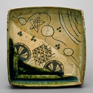 Seattle museum of art,  Square serving dish, early 17th century, Japanese, Momoyama (1573–1615)–Edo (1615–1868) period, Mino ware, Oribe style; glazed stoneware, 1 7/8 x 7 3/4 in., Oribe Ware, Seattle Art Museum, Seattle Art, Ancient Pottery, Art Square, Urban Graffiti, Beautiful Pottery, Traditional Ceramics, African Textiles