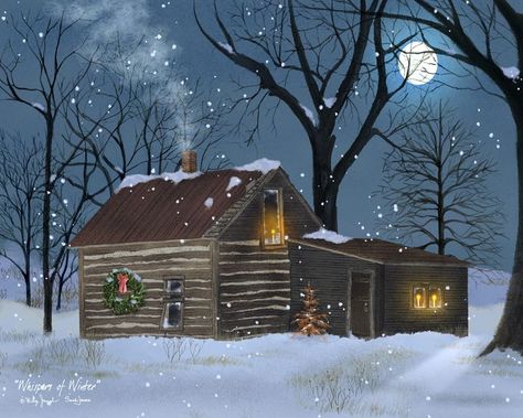 Billy Jacobs Art, Sarah Jacob, Billy Jacobs, Cabin Art, Barn Painting, Dashing Through The Snow, Snow Covered Trees, Winter Wood, Art Plaque