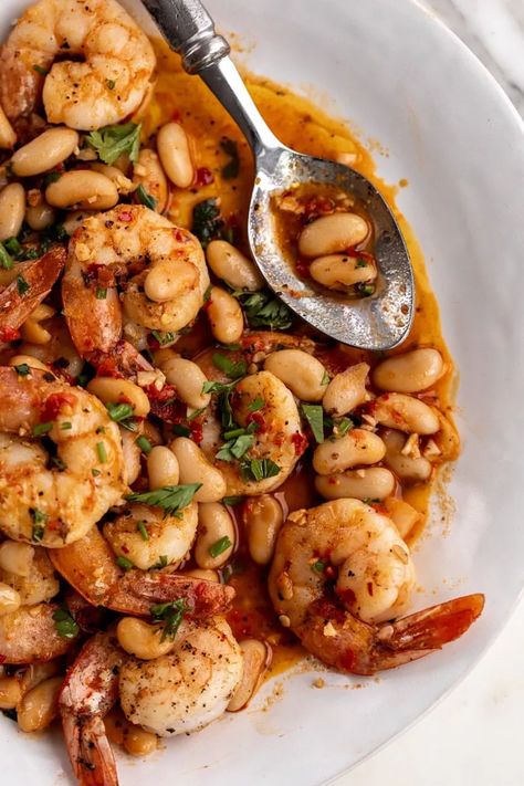 Spicy Calabrian Shrimp with White Beans - Cooking with Cocktail Rings Shrimp And Cannellini Beans, Shrimp And White Beans, Calabrian Shrimp, Shrimp Ring, Crab Sandwich, Shrimp Scampi Pasta, Fresh Shrimp, Can Of Beans, Frozen Shrimp