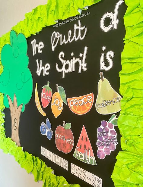 Fruit Of Spirit Decorations, Character Education Bulletin Boards, Jesus Bulletin Boards, Christian School Bulletin Boards, Catholic Bulletin Boards, Kindergarten Bulletin Boards, Christian Bulletin Boards, Sunday School Decorations, Christian Preschool