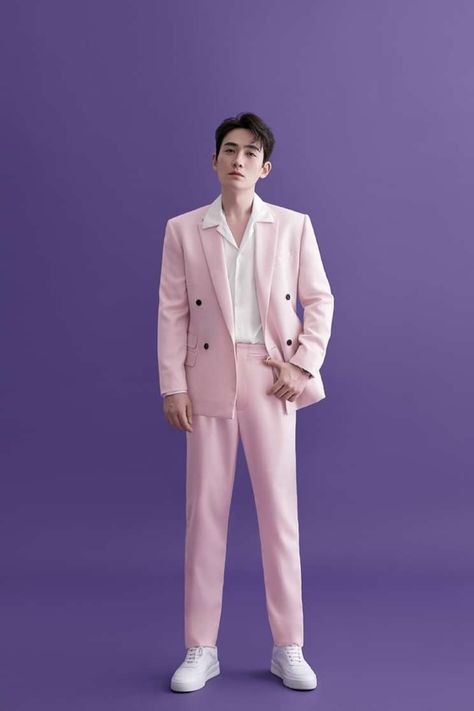 Pink Outfit Men Formal, Campy Mens Fashion, Korean Suit Men, Pink Male Outfit, Pink Disco Outfit, Prom Men Outfit, Pink Suit Men, Korean Outfits Men, Formal Boys Outfit