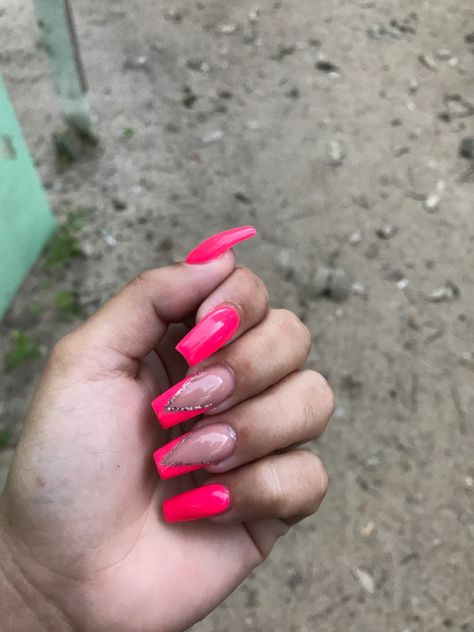 Hot Pink Graduation Nails, Neon Pink Nails With Design, Hot Pink With Glitter Nails, Nails Acrylic Neon Pink, Hot Pink Acrylic Nails With Rhinestones, Neon Pink Glitter Nails, Hot Pink Nails Acrylic Design, Hot Pink Nail Ideas Acrylic, Hot Pink Nails With Design Neon