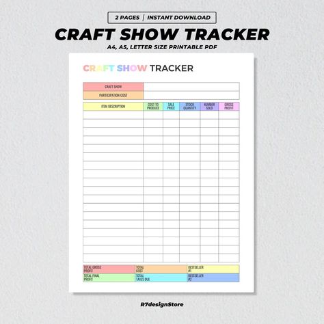 Profit Tracker, Show Tracker, Record Crafts, Sales Tracker, Unique Calendar, Creative Planner, Craft Show, Tracker Printable, Printable Crafts