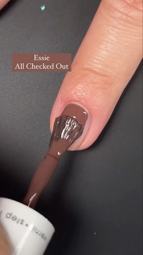 Larissa ⚜️ Nail Account’s Instagram video: “This is @essie’s “All Checked Out” from their Pattern Play Gel Couture Collection. This is described by Essie as a “creamy, raisin-brown…” Essie Nail Polish Brown, Essie Gel Couture All Checked Out, Essie All Checked Out, Essie Brown Nail Polish, Nail Colors Essie, Essie Nail Polish Colors, Brown Nail Polish, Essie Gel Couture, Gel Couture