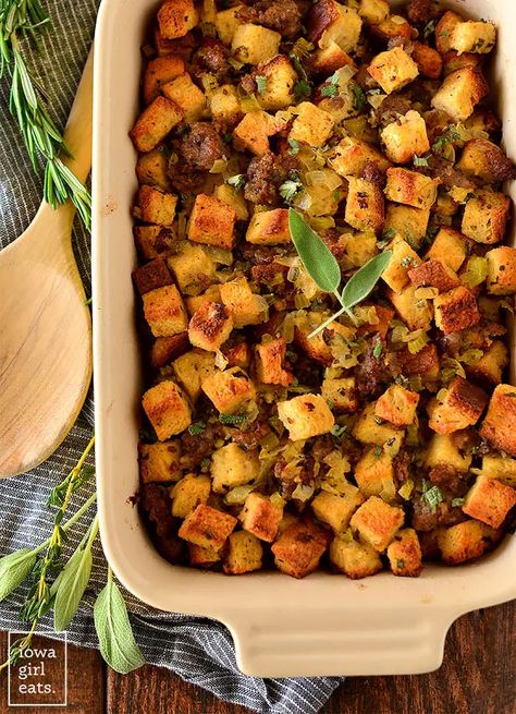 25+ Gluten Free Thanksgiving Recipes - Iowa Girl Eats Gluten Free Stuffing Thanksgiving, Gluten Free Thanksgiving Side Dishes, Delicious Stuffing Recipe, Stuffing With Sausage, Sourdough Stuffing, Gluten Free Stuffing Recipes, Classic Stuffing Recipe, Stuffing Thanksgiving, Easy Stuffing Recipe