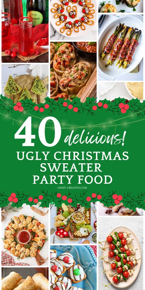 An ugly Christmas sweater party isn’t complete without festive food that adds to the fun. When planning your party menu, think of dishes that are easy to grab while mingling. Finger foods like mini sliders, cheesy dips, and themed cupcakes are always crowd-pleasers. These quirky touches will spark laughter and keep the spirit going strong. The sillier, the better—after all, that’s what an ugly sweater party is all about to match the food to the playful vibe! #UglySweaterParty #ChristmasPartyFood Ugly Sweater Appetizers Food Ideas, Christmas Party Themed Food, Festive Christmas Finger Foods, Tacky Christmas Party Food, Ugly Sweater Party Ideas Food, Ugly Christmas Sweater Party Food, Funny Christmas Food, Christmas Themed Food Holiday Parties, Ugly Sweater Food Ideas