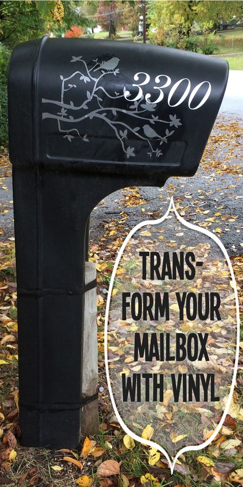 Plastic mailbox makeover with vinyl decal @c4rlylynn Plastic Mailbox Ideas, Plastic Mailbox Makeover Ideas, Plastic Mailbox Makeover, Mailbox Cricut Ideas, Mailbox Refresh, Mailbox Vinyl Ideas, Mailbox Gardens, Cricut Mailbox Decals, Cricut Mailbox Decals Paint