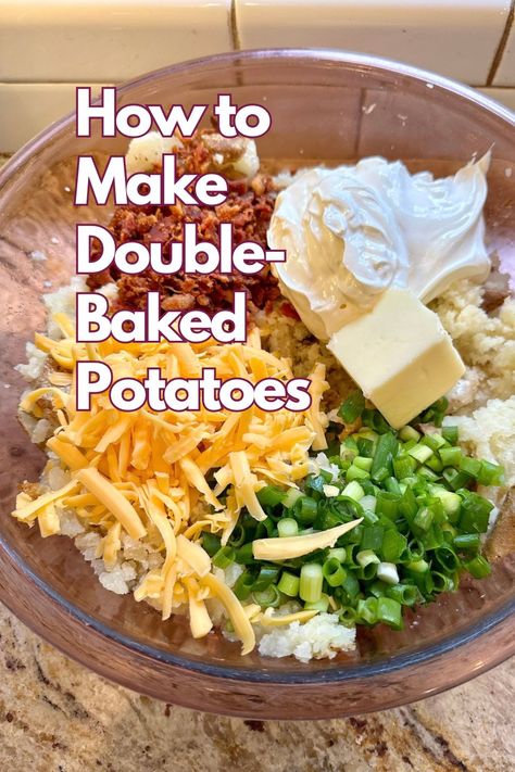 Mashed potatoes in a bowl with sour cream, butter, onions, cheese and cooked bacon. Fluffy Baked Potatoes, Double Baked Potatoes, Twice Baked Mashed Potatoes, Baked Mashed Potatoes, Potato Side Dish, Potato Toppings, Twice Baked Potatoes, Twice Baked, Baked Ham