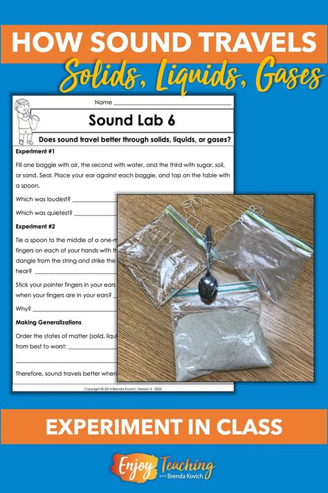 How Density Affects Sound in Solids, Liquids, and Gases Teaching Sound, Solids Liquids And Gases, Sound Experiments, Solid Liquid Gas, Science Stations, Sound Energy, 6th Grade Science, Experiments For Kids, Fair Projects