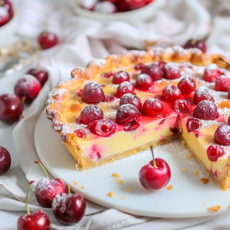 Cherry Custard Pie Cherry Custard Pie Recipe, Cherry Custard Pie, Cherry Custard, Custard Pie Recipe, Joy Of Baking, Tart Cherries, Homemade Custard, Frozen Cherries, Custard Filling