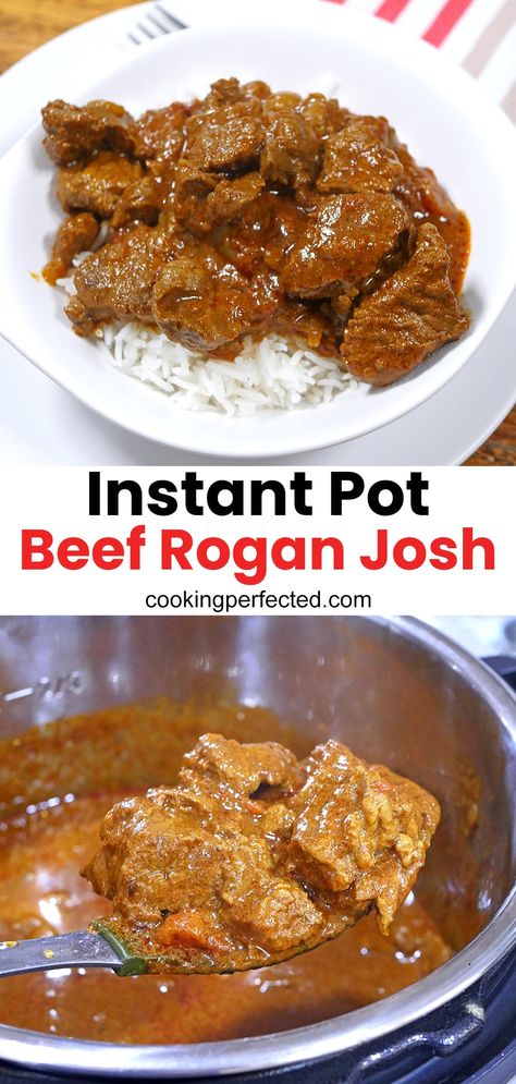 All In One Cooker Recipes Phillips, Instant Pot Beef Curry Recipes, Beef Vindaloo Instant Pot, Beef Rogan Josh, Beef Rogan Josh Recipe, Instapot Indian Food, Instant Pot Beef Curry, Pressure Cooker Curry, Rogan Josh Recipe