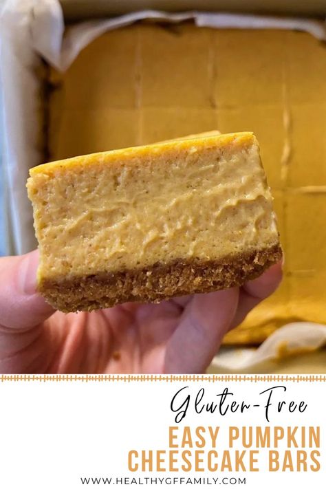 Easy Gluten-Free Pumpkin Cheesecake Bars – healthyGFfamily.com Gluten Free Pumpkin Desserts, Gluten Free Cheesecake Recipes, Gluten Free Desserts Thanksgiving, Gluten Free Pumpkin Cheesecake, Gluten Free Pecan, Cheesecake Bars Easy, Gluten Free Pumpkin Recipes, Gluten Free Pumpkin Pie, Pumpkin Cheesecake Bars