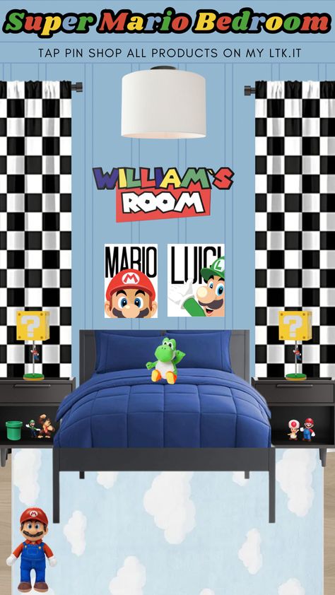 Super Mario Bedroom Decor, pictured are checkered flag curtains, Mario and Luigi posters, a custom name sign in a Super Mario design, Super Mario figurines, a plush yoshi and Mario, modern nightstand and modern bed Super Mario Bedroom Ideas Themed Rooms, Mario Kart Bedroom Ideas, Mario Kart Bedroom, Mario Kart Room, Super Mario Room Ideas Boys, Mario Bedroom Ideas, Super Mario Bedroom Ideas, Mario Bedroom Ideas Boys, Mario Room Ideas Boys