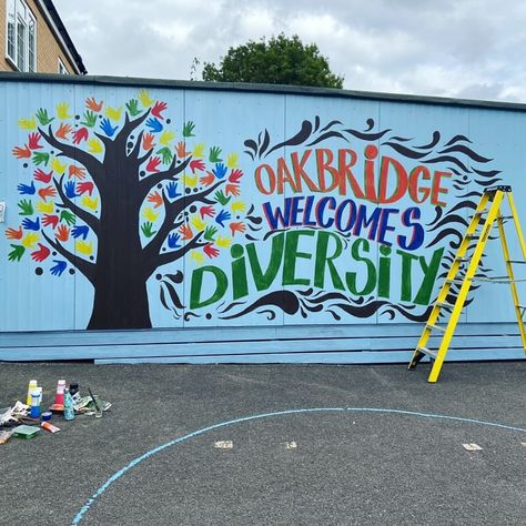 The wonderful Ola was commissioned to paint a mural for Edgware Primary School. We absolutely love the hand-prints for tree leaves ✋🍃 What a wonderful way to welcome kids back to classes! 🎨 Ola 📍 Edgware, Greater London, United Kingdom 👨‍💻 Commissioned through Book An Artist. Primary School Mural, Mural School, Paint A Mural, School Murals, Hand Prints, Greater London, Tree Leaves, London United Kingdom, Primary School