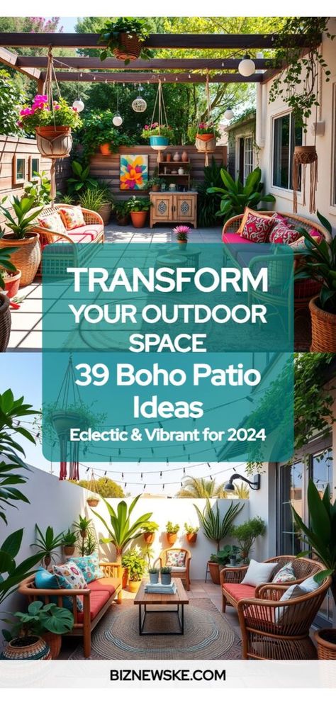 Ready to give your outdoor area a fresh, eclectic vibe? Boho patio ideas are the perfect way to create a vibrant, relaxing retreat right at home. From mixing bold colors to layering cozy textures, we've got 39 inspiring ideas to help you design your dream bohemian oasis. Let's transform your patio into a stylish haven you'll never want to leave! Back Patio Plant Decor, Boho Patio Ideas, Boho Outdoor Space, Bohemian Style Interior Design, Bohemian Patio, Boho Patio, Boho Outdoor, Mixing Colors, 8 March