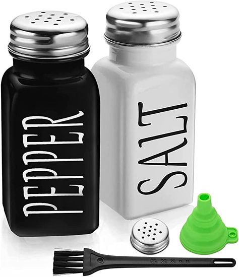 Salt and Pepper Shakers Set -DWTS DANWEITESI Cute Salt Shakers - Vintage Glass Black and White Shaker Set with Stainless Steel Lid - For Black and White Kitchen Old Country Decor, Glass Black And White, Wedding Registry Items, Cute Farmhouse, Black And White Kitchen, Salt Shakers, Spice Shaker, White Kitchen Decor, Salt And Pepper Grinders