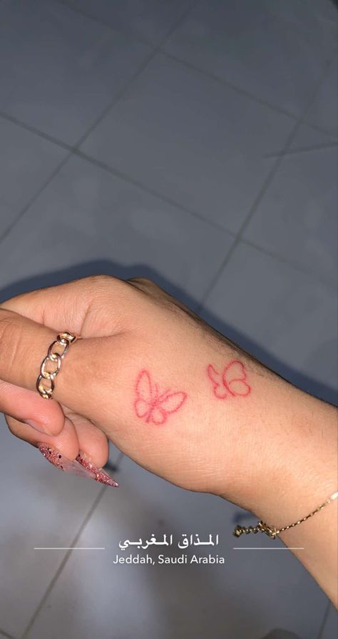 Red Butterfly Hand Tattoo, Small Red Hand Tattoos, Small Butterfly Hand Tattoo, Red Hand Tattoo For Women, Red Butterfly Tattoo On Hand, Butterfly Red Tattoo, Red Outline Tattoo, Red Finger Tattoo, Red Hand Tattoo