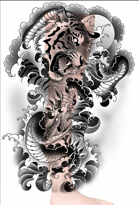 Japanese Tiger And Snake Tattoo, Tiger And Snake Tattoo Design, Tiger With Snake Tattoo, Japanese Tiger Sleeve Tattoo, Japanese Tiger Sleeve, Snake And Tiger Tattoo, Tiger And Snake Tattoo, Snake Japanese Tattoo, Tiger Snake Tattoo