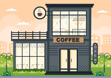 Coffee Shop Illustration, Coffee Shop Ideas, Store Exterior, Interior Concept Art, Shop Facade, Building Illustration, Open Board, Shop Illustration, Interior Concept