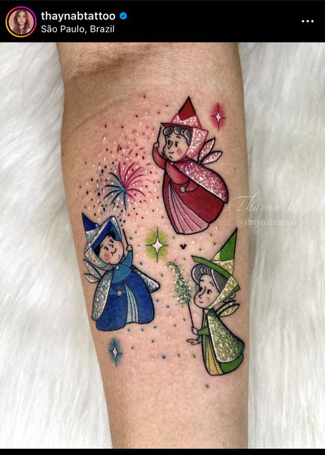 Sleeping Beauty Fairies Tattoo, Flora Fauna Merryweather Tattoo, Crafty Tattoo Ideas, Unique Disney Tattoos, Figment Tattoo, Sleeping Beauty Tattoo Ideas, Disney Tattoos Ideas, Small Disney Tattoo, Character Tattoo Ideas