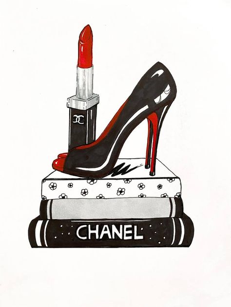 Original Art Marker/Pencil Drawing, measuring: 21W x 29.5H x 0.1D cm, by: Kristina Malashchenko (Cyprus). Styles: Fine Art, Illustration, Pop Art, Art Deco, Modern. Subject: Fashion. Keywords: Vogue Style, Books, High Heels, Glamour, Chanel, Couture, Louboutins, Red Lipstick, Fashion, Red And Black, Boudoir, Stylish. This Marker/Pencil Drawing is one of a kind and once sold will no longer be available to purchase. Buy art at Saatchi Art. Art Inspiration Fashion, High Heels Sketch, Chanel Clipart, Chanel Drawing, Drawing Heels, Lipstick Drawing, Drawing High Heels, Fine Arts Drawing, Fashion Keywords