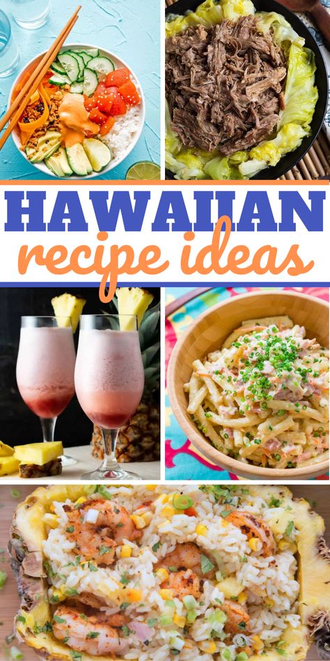 Easy Hawaiian Dinner Recipes, Hawaiian Pot Luck Dishes, Tropical Recipes Dinner, Easy Hawaiian Appetizers, Hawaiian Lunch Ideas, Hawaiian Side Dishes Recipes, Hawaiian Main Dishes, Hawaiian Style Food, Pacific Island Food Recipes