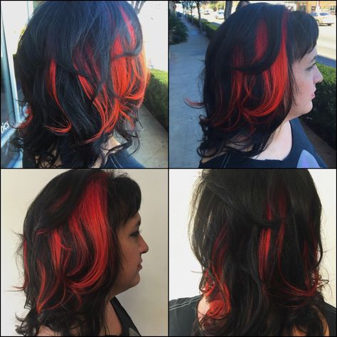 Fire peek-a-boo hair/red yellow and orange hair by Tierney Marie Black Hair With Orange Highlights, Orange Peekaboo Hair, Orange Highlights In Brown Hair, Fox Tips Hair, Witchy Hair Color, Brown And Orange Hair, Purple And Orange Hair, Orange Peekaboo, Black And Orange Hair