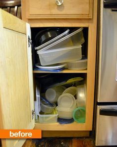 Plastic Container Storage Ideas, Organize Food Storage Containers, Travel Trailer Organization Ideas, Trailer Organization Ideas, Organize Food Storage, Organize Plastic Containers, Calm The Chaos, Pyrex Containers, Pyrex Storage