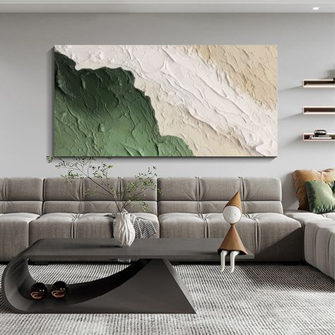 Green Abstract Wall Art Green And Cream Living Room, Painting Above Sofa, Sofa Artwork, Green Walls Living Room, Green Sofa Living Room, Brown Sofa Living Room, Brown Wall Decor, Canvas For Living Room, Wave Abstract