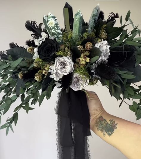 Black And Green Wedding Flowers, Black Sage Green Wedding, Black And Sage Wedding Bouquet, Green And Black Wedding Bouquets, Wedding Bouquets With Crystals, Dark Wedding Bouquet Black, Black Cascade Wedding Bouquet, Black And White Wedding Flowers, Moody Cascading Bouquet