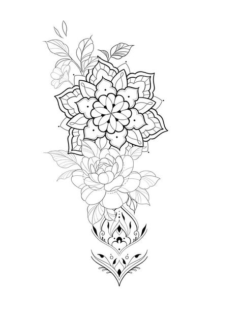 Ornamental Flower Tattoo Design, Mandala Sketch Tattoo, Mandala Flower Tattoo Design, Floral Mandala Tattoo Design, Floral Com Mandala, Mandala Tattoo Sketch, Half Mandala Tattoo, Tatuaje Cover Up, Tattoo Spine