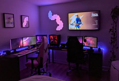 Gamer Couple Bedroom, Two Pc Setup, Couple Gaming Bedroom, Couple Gaming Setup Aesthetic, Couple Game Setup, Couple Gaming Room Setup Ideas, Couple Set Up Gamer, Couple Gaming Room Ideas, Gamer Room For Couples