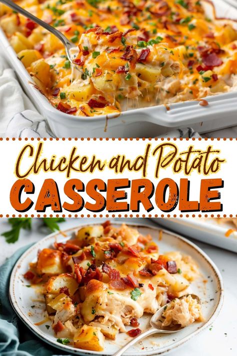 This chicken and potato casserole is creamy, comforting, and so delicious! Packed with bacon and cheddar cheese, it's impossible to resist! Bbq Chicken Potato Casserole, Potato And Chicken Recipe, Creamy Chicken Potato Casserole, Chicken Potato Recipes, Loaded Chicken And Potato Casserole, Chicken And Potatoes Recipes, Potato And Chicken Casserole, Potato Chicken Casserole, Chicken Bacon Casserole