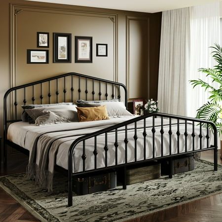 Our brand is dedicated to providing our customers with high-quality, uniquely designed, and well-crafted products at affordable prices. Bring surprises to life and make the home more comfortable. 1. Luxury Design: Metal Headboard with Nice Balls Decorated. 2. Sufficient Space: High Footboard with Large Storage Space. 3. Unique Design: Elegant Victorian Vintage Style. Size: King.  Color: Black. King Size Headboard In Front Of Window, Black Wood King Bed Frame, Wrought Iron King Bed Frame, Vintage Iron Bed Frame, Black Rod Iron Bed Frame, Traditional Farmhouse Bedroom, Bedroom With Black Bed Frame, Bedroom Metal Bed Frame, Black And White Guest Bedroom