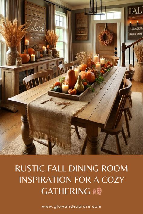 Create a warm and inviting atmosphere in your dining room this fall with rustic touches that celebrate the season. This setup features a beautifully arranged table with a burlap runner, a centerpiece of pumpkins and gourds, and soft candlelight that brings the whole look together. Perfect for hosting a cozy dinner with loved ones. Bring the beauty of fall into your home with these simple yet stunning decor ideas! 🍁 #FallDecor #RusticDining #CozyHome Brick Dining Room, Dining Room Decor Diy, Pottery Barn Dining Room, Easy Thanksgiving Table Decor, Simple Thanksgiving Table Decor, Thanksgiving Table Decor Ideas, Fall Dining Room Table, Burlap Runner, Cozy Gathering