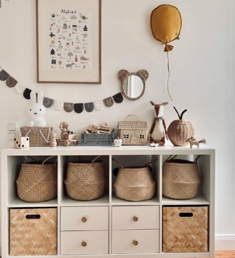 Kallax shelf hack in neutral nursery kids room with belly baskets and Scandi design - @__mamalina__. Ikea Nursery Hack, Ikea Closet Hack, Ikea Kids Room, Rum Inspo, Kallax Shelf, Best Hacks, Ikea Kids, Ikea Hack Ideas, Baby Room Inspiration