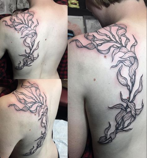 Aquatic Flower Tattoo, Seaweed Tattoo Simple, Seaweed Tattoo Sleeve, Giant Kelp Tattoo, Sea Kelp Tattoo, Kelp Forest Tattoo, Ocean Shoulder Tattoo, Seaweed Tattoo Design, Sea Life Tattoos For Women