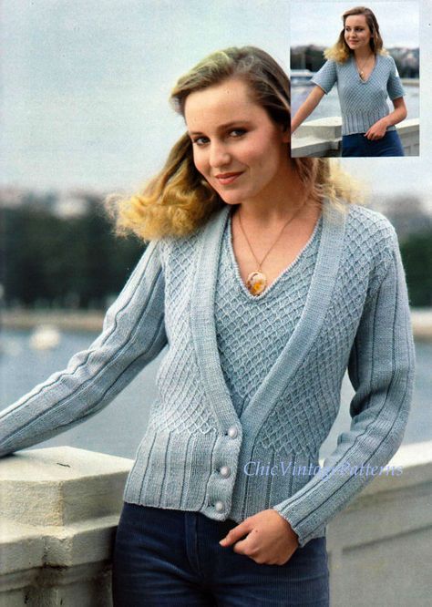 Twinset Cardigan, Ladies Knitting Patterns, Cardigan Short, Motif Vintage, Short Sleeve Cardigan, Knitted Top, Cardigan Tops, Top Women, Knitwear Women