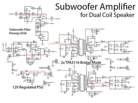 Subwoofer Power Amplifier Class-D Dual Bridge TPA3116D2 - Electronic Circuit Subwoofer Box Design, Electronics Logo, Subwoofer Amplifier, Electric Circuit, Electronics Basics, Powered Subwoofer, Class D Amplifier, Subwoofer Speaker, Electronic Circuit Projects