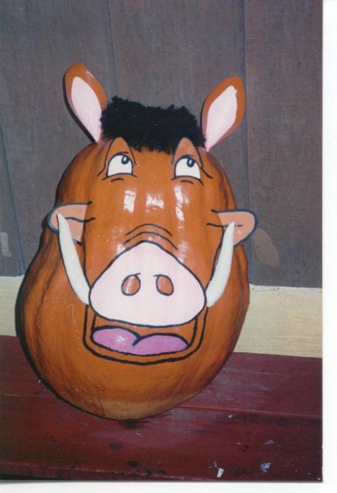 Pumba (from Lion King) pumpkin Lion King Pumpkin Painting, Lion King Pumpkin, Pumpkin Inspo, Disney Pumpkin Painting, Decorating Pumpkins, Pumpkin Paintings, Carve Pumpkins, Character Pumpkins, Disney Pumpkin Carving