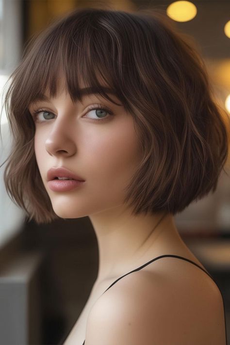 Sleek French Bob with Blunt Bangs, haircut for round face Bangs Hairstyles Round Face, Bangs Haircut For Round Face, Cute Hairstyles For Round Faces, French Bob With Bangs Round Faces, French Bob Haircut With Bangs, Bob Fringe, Haircut For Round Face, Bangs Haircut, Side Swept Curls