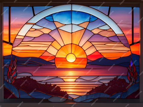 Premium Photo | The Faux stained glass design with the sunset Sunset Stained Glass Window, Stained Glass Sunrise, Sun Stained Glass Art, Mom Memorial, Memorial Ideas, Stained Glass Paint, Faux Stained Glass, Stained Glass Art, Bat Mitzvah