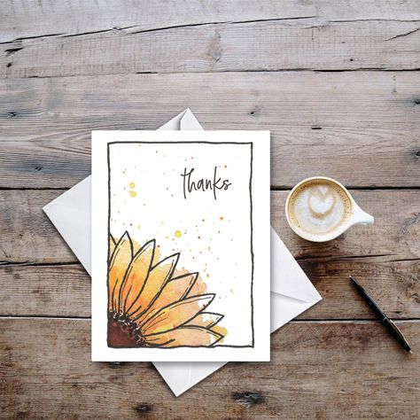 Use this sweet watercolor Sunflower card to say THANKS to someone in your life.  Acknowledging and showing gratitude has been proven to be beneficially for both the giver and the receiver.  Join the gratitude revolution with this cute card. This is a print of a hand painted card. I painted and drew the illustration and added in some additional text.  It comes with an envelope and is sized at 4.25" x 5.5".   These cards are professionally printed on 130# Matte Cardstock and cost $5 including ship Artistic Cards Handmade, Drawn Cards Handmade, Painted Greeting Cards Ideas, Simple Greeting Card Design, Friend Watercolor Card, Aesthetic Thank You Card Ideas, Card Design Ideas Drawing Easy, Diy Watercolor Thank You Cards, Cards With Sunflowers