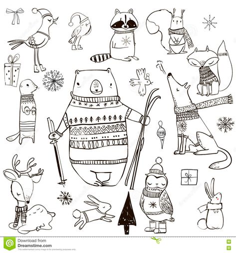 Winter Drawings, Black And White Christmas, Animals Cartoon, Kawaii Christmas, Animal Doodles, Christmas Doodles, Chalk Drawings, Winter Animals, Planner Templates