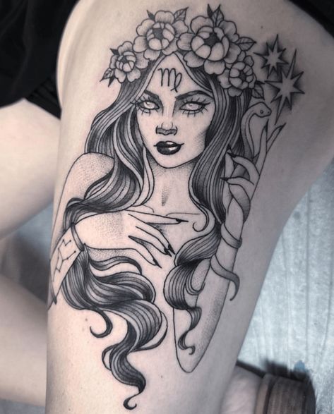 SOURCE Virgo Medusa Tattoo, Virgo Queen Tattoo, Zodiac Goddess Tattoo, Virgo Maiden Tattoo, Virgo Woman Tattoo, Virgo Tattoo Goddesses, Virgo Tattoos For Women, Legs Tattoos For Women, Virgo Tattoo Designs For Women