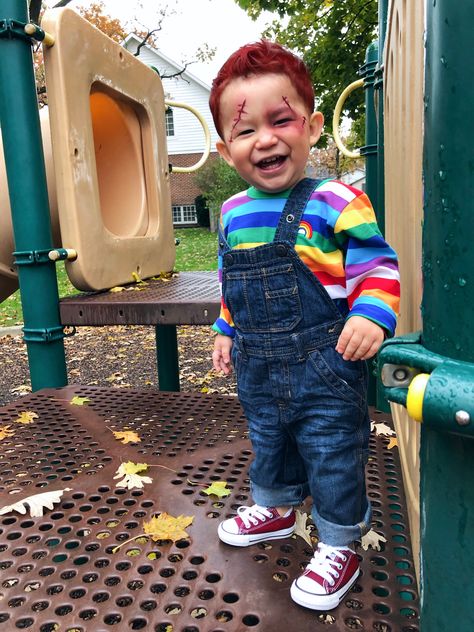 Toddler Saw Costume, Chucky Group Costume, Simple Chucky Makeup, Scary Toddler Halloween Costumes, Scary Toddler Costumes, Toddler Chucky Costume, Toddler Halloween Costumes For Boys, Scary Chucky, Chucky Halloween Costume