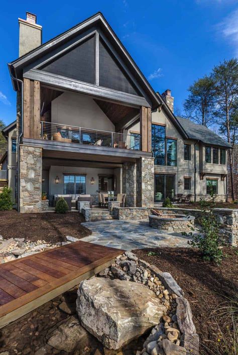 Rustic lakefront retreat with luxurious details on shores of Lake Keowee Lake Houses Exterior, Lake Keowee, Modern Lake House, Lake House Plans, Walkout Basement, Lakefront Homes, New Home Construction, Basement Remodeling, Custom Home Builders