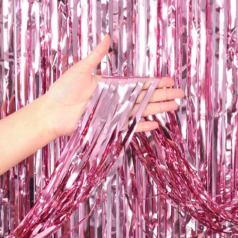 Add a touch of glamour to your party backdrop with our gorgeous PINK metallic fringe curtain! Perfect for bachelorette parties, baby showers, wedding showers, birthdays, and more! This pink tinsel streamer curtain is an easy DIY accessory that pairs perfectly with a balloon garland for that Instagram-worthy backdrop. Add to doorways, a fun custom photo booth, or use it as a wall covering behind the cake table. Whatever your setup, your guests will absolutely love this backdrop! DETAILS: ⭐ 2 pink Light Pink Party Decorations, Fringe Curtain Backdrop, Tinsel Backdrop, Light Pink Party, Barbie Decorations, Hen Party Decorations, Curtain Backdrop, Pink Bachelorette, Streamer Backdrop