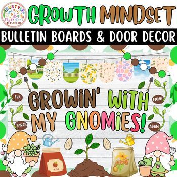 Transform your classroom into a blossoming mindset garden with our "Growin' With My Gnomies!", "Watch Our Mindsets Grow!", and "Plant Seeds Of Knowledge" bulletin boards and door decor kits. Immerse your students in a delightful, hands-on project that nurtures a growth mindset, infusing your learning space with an atmosphere of perseverance and personal growth.What's Included:1. Growth Mindset Bulletin Board Kit:Including vibrant potted plant graphics showing the journey of growth alongside seed When We Learn We Grow Classroom Door, Grow Classroom Door, Grow Bulletin Board Ideas, Plant Bulletin Board, Character Bulletin Boards, Garden Bulletin Boards, Gnome Classroom, Classroom Windows, Seed Packet Template